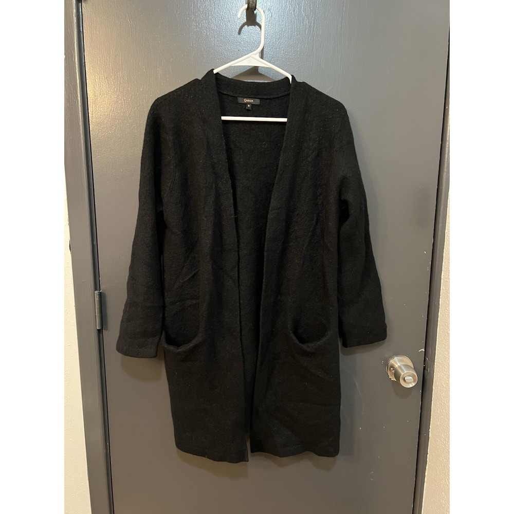 Quince Cardigan Womens Sz S Black Wool Blend Open Pockets Sweater